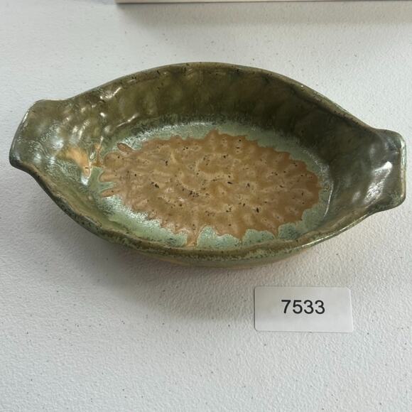 Pottery Art Green Brown Au Gratin Dish Oval Serving Stoneware Hand Made & Signed - Picture 11 of 12